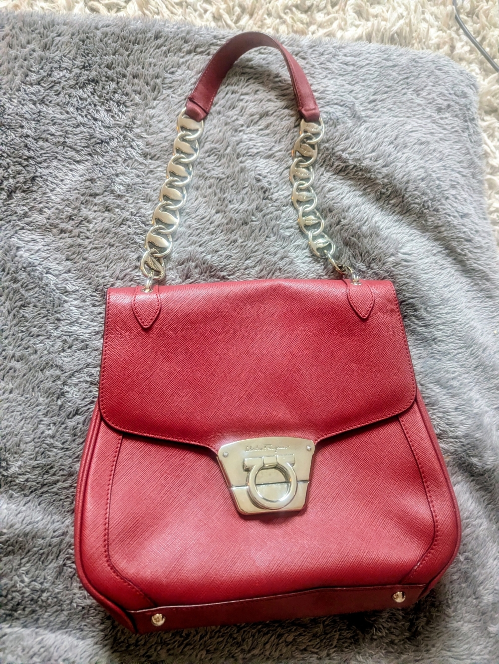 Vintage Salvatore Ferragamo Dark Red Leather Shoulder Bag with Silver Chain